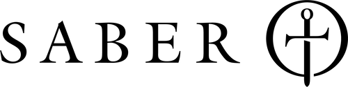 Logo with the word 'SABER' and a circular design element on a white background